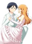  1girl black_eyes black_hair brother_and_sister closed_eyes dress elbow_gloves formal gloves gown hetero highres kousaka_kirino kousaka_kyousuke long_hair orange_hair ore_no_imouto_ga_konna_ni_kawaii_wake_ga_nai siblings suit tase_tomonari 