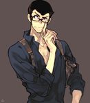  arsene_lupin_iii bespectacled brown_hair glasses grin gun handgun holster lupin_iii male_focus open_clothes open_shirt pistol shirt sideburns smile solo toujou_sakana upper_body weapon 