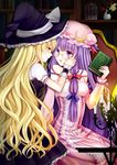  adapted_costume bespectacled blonde_hair book bookshelf cage candle crescent eye_contact flower glasses hat highres hoozuki_shia kirisame_marisa long_hair long_sleeves looking_at_another multiple_girls patchouli_knowledge purple_eyes purple_hair revision short_sleeves sitting star touhou vase witch_hat yuri 