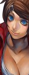  asahina_aoi blue_eyes breasts brown_hair cleavage danganronpa danganronpa_1 dark_skin irohara_mitabi looking_at_viewer medium_breasts smile solo tan upper_body 