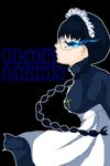  apron black_hair black_lagoon black_rock_shooter blue_eyes braid copyright_name cross cross_necklace glasses glowing glowing_eye highres jewelry long_hair maid maid_headdress necklace parody roberta_(black_lagoon) semi-rimless_eyewear single_braid solo under-rim_eyewear waist_apron 