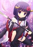  black_legwear blush clog_sandals flower gloves hair_flower hair_ornament highres horns inu_x_boku_ss japanese_clothes kimono long_hair looking_at_viewer naginata one_knee petals polearm purple_background purple_eyes purple_hair scarf shirakiin_ririchiyo shoes skirt solo taiki_ken thighhighs very_long_hair weapon 