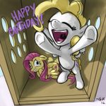  blonde_hair box cutie_mark duo equine fear female feral fluttershy_(mlp) friendship_is_magic fur giantmosquito green_eyes hair holes horse lying mammal my_little_pony pegasus pink_hair pony solo surprise_(mlp) white_fur wings yellow_fur 