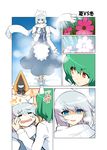  =_= anger_vein blue_eyes cheek_pull comic flower gen_3_pokemon green_hair grin hat highres kazami_yuuka lavender_hair letty_whiterock mattari_yufi multiple_girls pokemon pokemon_(creature) red_eyes scarf short_hair smile snorunt sweatdrop tears touhou white_scarf 