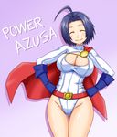  ahoge belt blue_hair breasts cape cleavage cleavage_cutout cosplay dc_comics gloves goriate idolmaster idolmaster_(classic) large_breasts leotard loose_belt miura_azusa power_girl power_girl_(cosplay) short_hair smile solo 