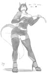  big_breasts breasts clothing corcet corset female garter_belt gloves grin high_heels jen_(jindragowolf) jindragowolf legwear looking_at_viewer mini_skirt miniskirt monochrome stockings tight_clothing whip wide_hips 