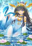  bare_shoulders black_hair blue_eyes bracelet breasts dress egyptian hair_ornament hair_tubes headdress isis_(p&amp;d) jewelry katsuma_rei lily_pad lipstick long_hair makeup medium_breasts puzzle_&amp;_dragons solo water 