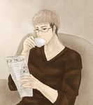  brown brown_eyes brown_hair cup drawfag drinking glasses jean_kirchstein male_focus newspaper non-web_source pullover reading shingeki_no_kyojin solo teacup 