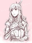  amatari_sukuzakki armor blush breastplate copyright_name elbow_gloves engrish feathers fire_emblem fire_emblem:_kakusei food gauntlets gloves hair_feathers holding lipstick long_hair looking_away lunchbox makeup monochrome pink_background pink_lipstick ranguage shoulder_armor sketch solo spaulders spot_color striped sumia wavy_hair 