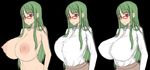  1girl breasts glasses green_hair huge_breasts impossible_clothes impossible_shirt kloah otsuka_ren red_eyes shirt solo 