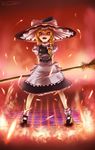  1girl arms_behind_back blonde_hair broom dekus fangs female fire hat kirisame_marisa open_mouth solo touhou witch_hat 