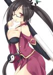  bare_shoulders black_hair blazblue blush body_blush breasts china_dress chinese_clothes cleavage cleavage_cutout dress finger_to_mouth glasses hair_ornament lao_jiu large_breasts litchi_faye_ling long_hair mokoke panda ponytail red_eyes solo staff underwear very_long_hair yin_yang 