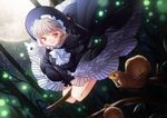  bad_id bad_pixiv_id black_dress branch broom broom_riding cat dress fireflies forest frills full_moon hand_on_headwear hand_up hat moon nature night original philomelalilium red_eyes silver_hair smile solo squirrel tree white_cat witch witch_hat 