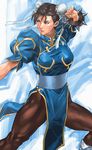  boots bracelet brown_eyes brown_hair bun_cover china_dress chinese_clothes chun-li double_bun dress jewelry mad_(artist) pantyhose pelvic_curtain sash short_hair solo spiked_bracelet spikes street_fighter thighs 