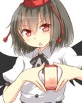  :o angry areolae black_hair black_wings bow breasts cellphone cellphone_picture frown hat holding looking_at_viewer nipples open_mouth phone red_eyes shameimaru_aya short_hair simple_background small_breasts solo tokin_hat tori_(minamopa) touhou white_background wings x-ray_vision 