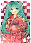  alternate_costume aqua_eyes aqua_hair bad_id bad_pixiv_id bow checkered checkered_background english happy_new_year hatsune_miku highres japanese_clothes kenpin kimono long_hair new_year open_mouth ribbon smile solo standing twintails vocaloid 