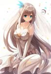  1girl absurdres bare_shoulders blue_eyes breasts bridal_veil bride cleavage collarbone dress elbow_gloves gloves grey_dress hair_ornament highres jewelry large_breasts lexington_(zhan_jian_shao_nyu) light_brown_hair long_hair looking_at_viewer necklace personification smile solo strapless strapless_dress tiara v_arms veil very_long_hair wedding_dress xiaoyin_li zhan_jian_shao_nyu 
