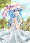  bad_id bad_pixiv_id blue_eyes blue_hair cloud date_a_live day fence hat leaf long_hair sky sleeveless solo turkey_(weave7769) yoshino_(date_a_live) 