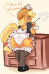  applejack_(mlp) blush butt cowboy_hat cutie_mark dialog english_text equine feather_duster female feral freckles friendship_is_magic fur green_eyes hat horse maid_uniform mammal my_little_pony orange_fur panties pony solo sundown_(artist) text underwear 