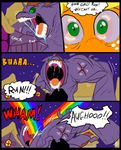  angry applejack_(mlp) blonde_hair brown_hair building comic dialog duo english_text equine female feral freckles friendship_is_magic fur green_eyes hair horse male mammal metal_(artist) monster my_little_pony orange_fur outside pony rainbow reflection saliva scared text 