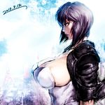  black_lipstick breasts cropped_jacket dated ghost_in_the_shell ghost_in_the_shell_stand_alone_complex huge_breasts kusanagi_motoko lipstick makeup profile purple_hair sawao short_hair sideboob sleeves_rolled_up solo 