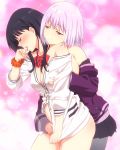  2girls bangs black_hair black_legwear black_skirt blue_eyes blush bottomless breast_grab breasts cardigan cardigan_tug eyebrows_visible_through_hair eyes_closed finger_to_mouth fingering grabbing grabbing_from_behind groping highres jacket lavender_hair long_hair long_sleeves looking_at_another multiple_girls mushiro_(nijie728995) no_bra no_panties off_shoulder open_mouth orange_scrunchie pantyhose purple_jacket purple_neckwear red_neckwear scrunchie shinjou_akane short_hair skirt sleeves_past_wrists smile ssss.gridman sweater takarada_rikka white_cardigan white_sweater wrist_scrunchie yuri 