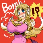  1girl alternate_breast_size blonde_hair blush bracelet breast_expansion breasts cleavage covered_nipples cowboy_shot dress ear_blush earrings embarrassed erect_nipples highres jewelry large_breasts long_hair nintendo open_mouth pointy_ears princess_zelda red_background shoulder_armor simple_background solo super_smash_bros. super_smash_bros._ultimate surprised tanpopo_hayabusa-maru the_legend_of_zelda tiara triforce wavy_mouth 