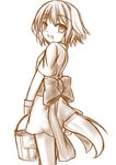  amaku_mitsuka animal_ears blush bow bucket bucket_of_water carrying dog_ears dog_tail highres japanese_clothes kimono large_bow looking_at_viewer minaha_(playjoe2005) monochrome obi original sash short_hair short_kimono simple_background sketch smile solo tail white_background 