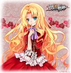  2013 alfin_reise_arnor blonde_hair blue_eyes bow copyright_name dated dress eiyuu_densetsu flower frills index_finger_raised long_hair pink_background red_dress red_flower red_rose ribbon rose sen_no_kiseki signature smile solo willfin 