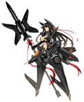  aircraft airplane black_hair breasts china copyright_request iinuma_toshinori j-20 jet large_breasts long_hair mecha_musume midriff military personification polearm red_eyes revealing_clothes solo spear weapon 