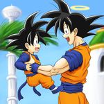  2boys black_hair child dragon_ball eye_contact halo looking_at_another multiple_boys open_mouth shounen_jump sky smile son_gokuu son_goten syokumu-taiman take_(shokumu-taiman) tears tower 