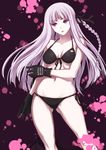  bikini black_bikini braid breasts danganronpa danganronpa_1 front-tie_top gloves hair_ribbon halterneck highres iga_tomoteru kirigiri_kyouko long_hair medium_breasts navel open_mouth purple_eyes purple_hair ribbon side-tie_bikini solo sweat swimsuit 