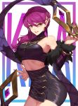  1girl bare_shoulders black_skirt breasts claws cowboy_shot evelynn fur_trim hair_ornament high-waist_skirt hips jewelry k/da_(league_of_legends) k/da_evelynn kan_(rainconan) league_of_legends lipstick long_hair looking_at_viewer makeup medium_breasts necklace off_shoulder parted_lips purple_hair red_lipstick side_ponytail skirt smile solo yellow_eyes 