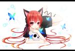  animal_ears bad_id bad_pixiv_id barefoot bow bubble bug butterfly cat_ears hair_bow highres insect kaenbyou_rin looking_at_viewer red_eyes red_hair ribbon ripples skull smile solo soraneko93 touhou white_background 