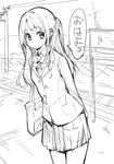  bag blazer bow greyscale idolmaster idolmaster_cinderella_girls jacket kadou long_hair monochrome school_bag school_uniform shimamura_uzuki sketch skirt smile solo 