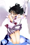  back_bow bishoujo_senshi_sailor_moon black_hair boots bow brooch choker covered_navel earrings elbow_gloves facial_mark forehead_mark full_body gloves highres holding holding_staff jewelry kneeling magical_girl panties pantyshot purple_bow purple_eyes purple_sailor_collar purple_skirt sailor_collar sailor_saturn sailor_senshi_uniform saturn_symbol serious short_hair skirt solo staff star star_choker tomoe_hotaru underwear white_background white_gloves white_panties wings yoshika_(draw-happy-picture) 