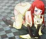  1girl all_fours applepieyui arc_system_works ass blazblue blazblue:_continuum_shift blue_eyes breasts checkered checkered_floor defeated floor gloves hair_tubes hanging_breasts long_hair red_hair sad tears torn_clothes tsubaki_yayoi 