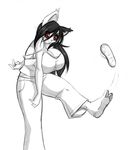  black_and_white black_hair breasts cat clothing feline female hair hindpaw huge_breasts long_hair looking_at_viewer mammal monochrome paws red_eyes solo tora-chan 