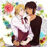  ahoge apron arms_around_waist axis_powers_hetalia bag bangs black_shirt blonde_hair chocolate chocolate_making collared_shirt commentary eye_contact eyes_visible_through_hair face-to-face facial_hair finger_in_another's_mouth floral_background france_(hetalia) greece_(hetalia) green_eyes hair_over_one_eye hair_ribbon long_sleeves looking_at_another male_focus momokawa_tao multiple_boys necktie paper_bag purple_eyes red_apron red_eyes ribbon shirt short_ponytail sleeves_rolled_up smile stubble whisk white_shirt yaoi 