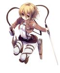  blonde_hair blush boots christa_renz emblem jacket jumping looking_at_viewer paradis_military_uniform shingeki_no_kyojin short_hair smile solo sora_to_umi three-dimensional_maneuver_gear training_corps_(emblem) uniform 