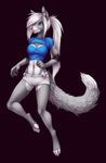  4_toes barefoot black_background blue_eyes canine clothed clothing ear_piercing female fist fur grey_fur hair long_hair mammal navel nina nut-bar on_one_leg pawpads paws piercing pink_nose pink_pawpads plain_background pose shirt shorts simple_background skimpy solo standing white_hair wolf 