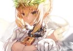  :3 bare_shoulders blonde_hair bow braid breasts chains cleavage detached_collar embarrassed eyebrows_visible_through_hair fate/grand_order fate_(series) gendo0032 gloves green_eyes hair_bow jewelry key large_breasts lock nero_claudius_(bride)_(fate) nero_claudius_(fate)_(all) padlock ring smile solo upper_body white_background wreath 