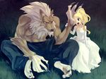  bare_shoulders blue_eyes claws commentary_request dress elbow_gloves gloves grass hand_on_another's_cheek hand_on_another's_face long_hair maitake_(loose) monster_boy original pants red_eyes sitting wedding_dress 
