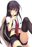  belt black_hair black_legwear blush crop_top crop_top_overhang long_hair looking_at_viewer midriff necktie open_mouth original red_eyes samegami shiny shiny_skin shorts solo thighhighs very_long_hair 