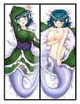  arm_up bed_sheet blue_eyes blue_hair blush breast_hold breasts dakimakura frame head_fins japanese_clothes kimono large_breasts lying mermaid monster_girl multiple_views nipples nude on_back open_mouth short_hair touhou wakasagihime wet wide_sleeves yazuki_gennojou 
