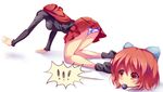  1girl all_fours ass ball_gag blush bow cape disembodied_head gag gagged hair_bow headless highres kneeling long_sleeves maullarmaullar nukekubi panties pantyshot pantyshot_(kneeling) red_eyes red_hair sekibanki short_hair skirt solo striped striped_panties touhou underwear 