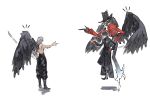  2boys amamiya_ren arsene_(persona_5) black_hair coat feathered_wings final_fantasy final_fantasy_vii fire full_body gloves hat highres long_hair male_focus multiple_boys persona persona_5 sephiroth shirtless short_hair snapping_fingers super_smash_bros. top_hat waistcoat weapon white_background white_hair wings yourfreakyneighbourh 