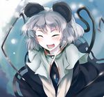  animal_ears blush capelet closed_eyes dowsing_rod dress gem grey_dress grey_hair jewelry mouse_ears mouse_tail nazrin necklace no_nose open_mouth pendant sinzan smile solo tail touhou 