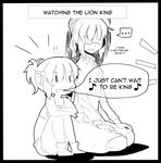  2girls artoria_pendragon_(all) bad_id bad_pixiv_id braid english fate/apocrypha fate/stay_night fate_(series) french_braid greyscale leg_hug monochrome mordred_(fate) mordred_(fate)_(all) mother_and_daughter multiple_girls music saber singing spoken_ellipsis the_lion_king tthal watching_television younger |_| 