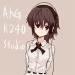  akg black_hair brown_eyes brown_hair head_tilt headphones looking_at_viewer mieharu shameimaru_aya short_hair smile solo touhou 